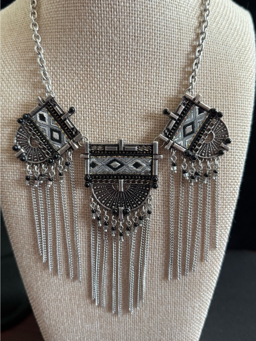 Park Lane Boho Tribal Silver-Tone Fringe Necklace Black/Silver w/Crystals